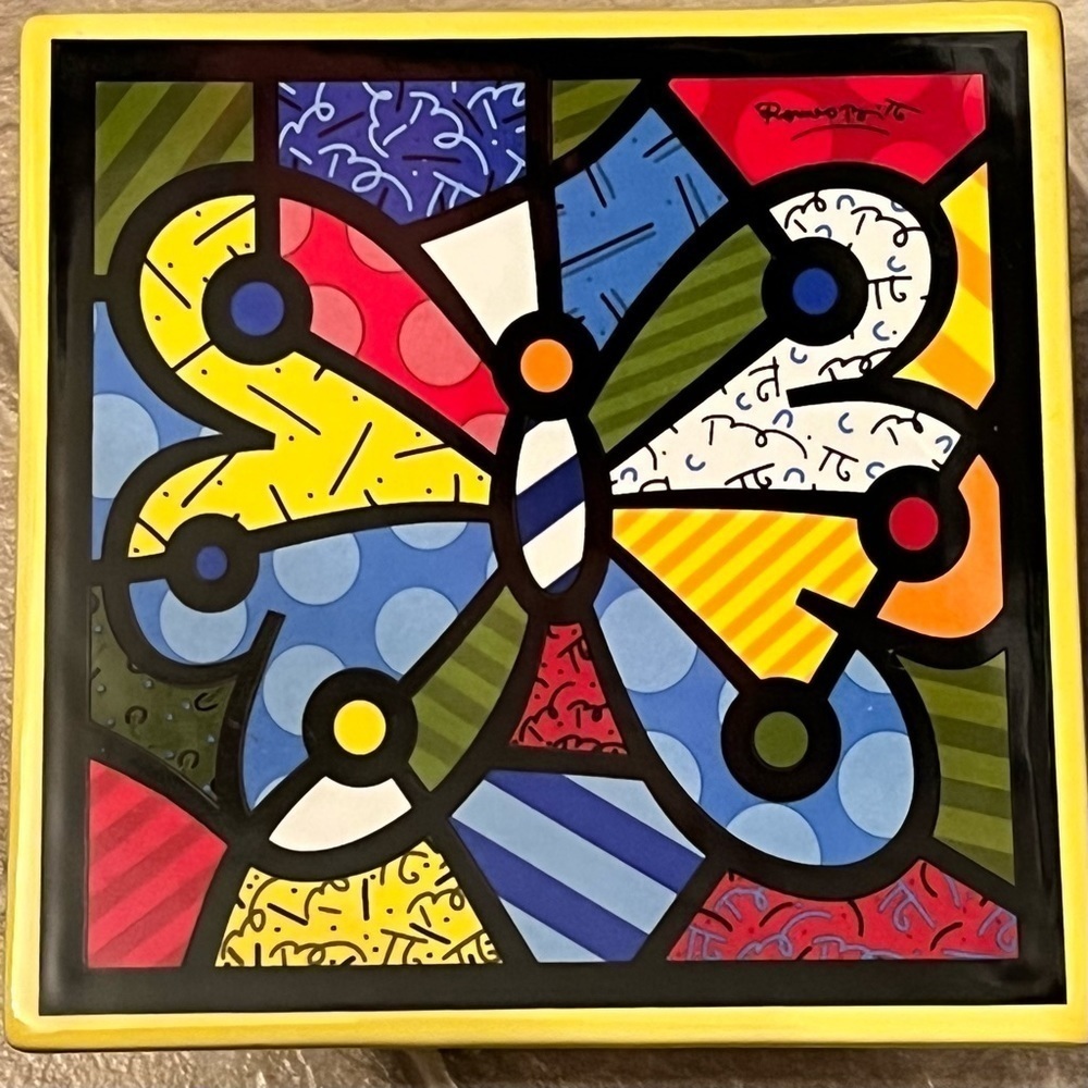 ROMERO Britto ceramic butterfly tile/trivet/wall art signed 2008